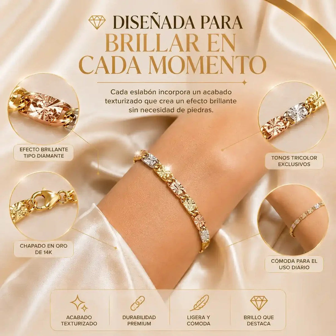 Aurelia Tricolor — Pulsera de Eslabones Marineros en Tres Tonos