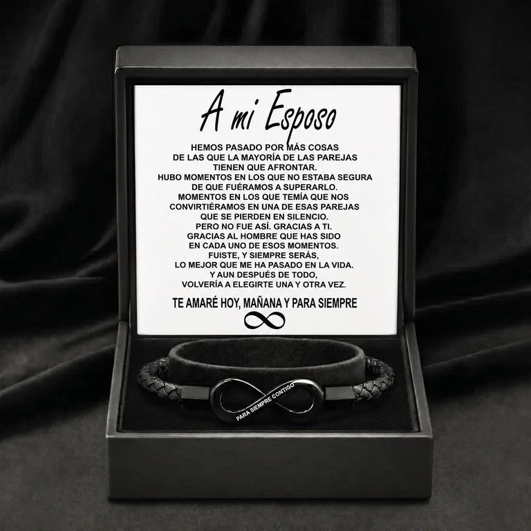 Infinito Para Él — Pulsera de Cuero con Tarjeta «A mi Esposo»