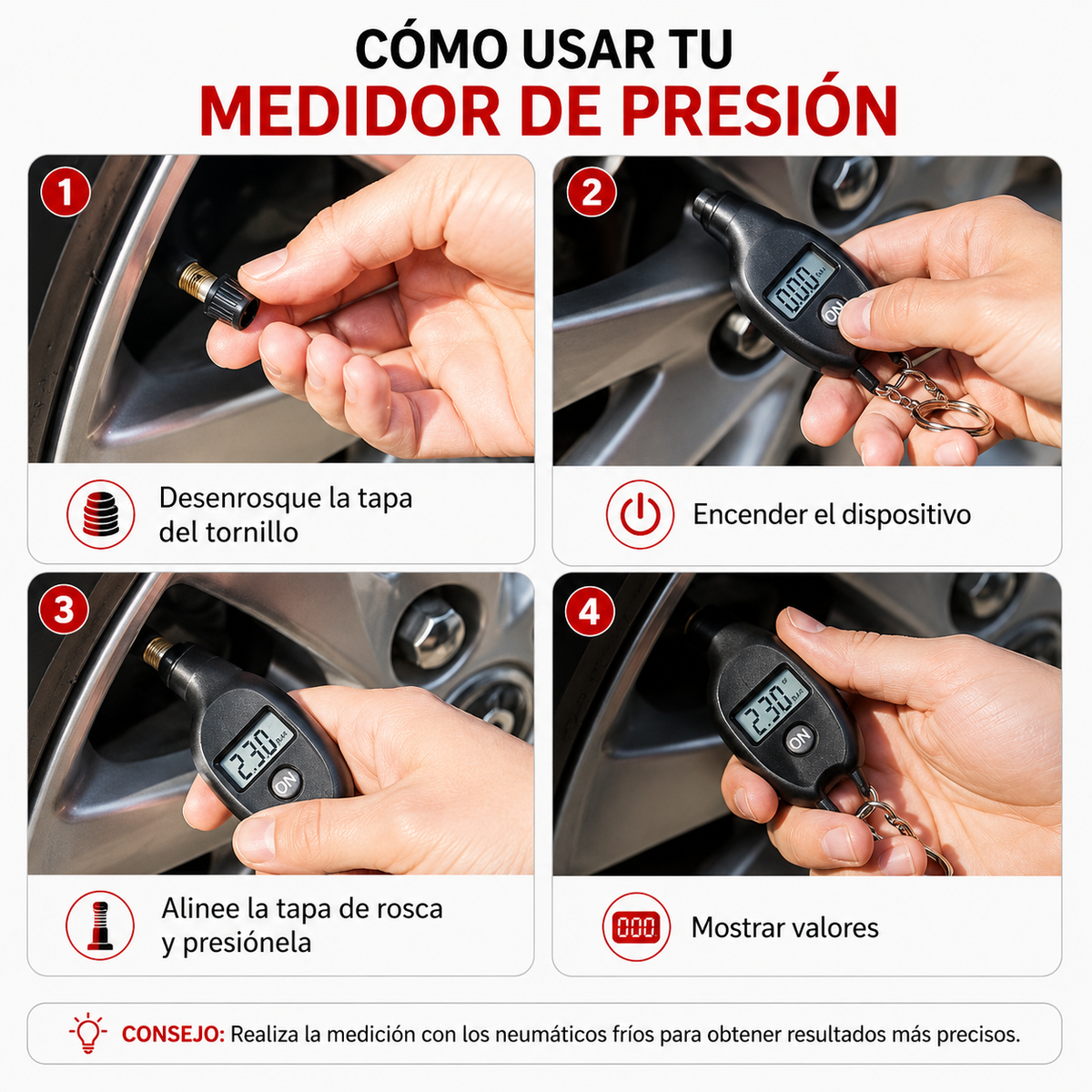 Medidor Digital de Presión de Llantas — Lectura Exacta en Segundos