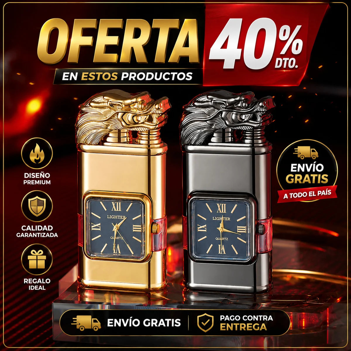 Oferta 40% — Encendedor Dragón con reloj (dorado y gris)