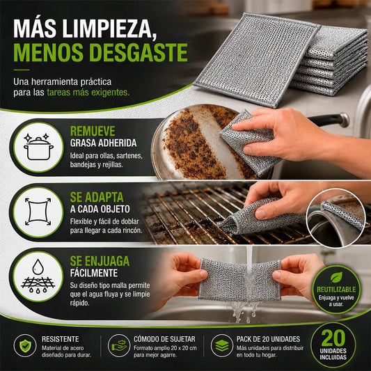 Panos Metalicos Tipo Malla — Pack 20 · Limpieza Profunda que Se Nota 🧽