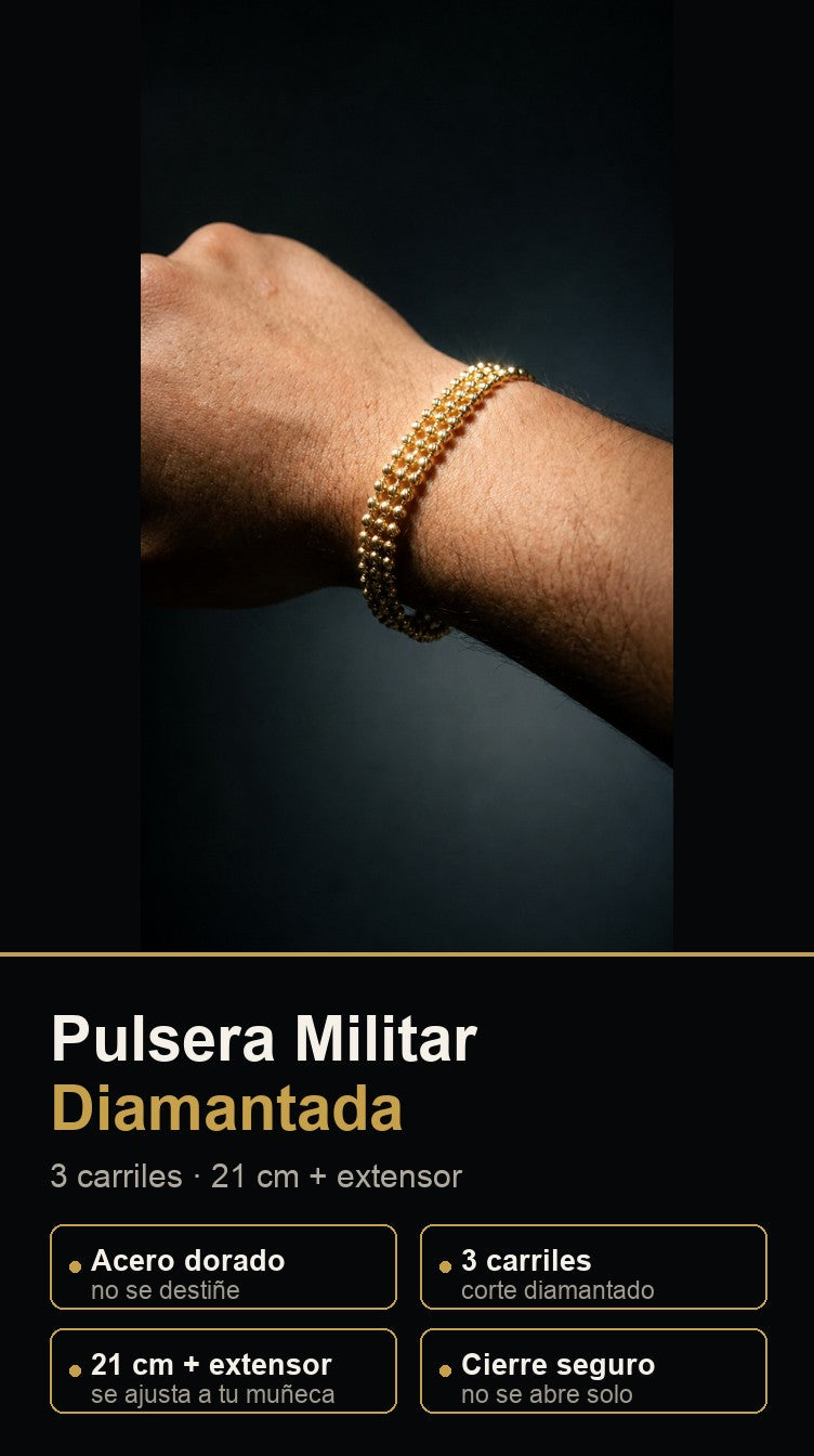 Pulsera Militar Diamantada Dorada ⛓️ 3 Carriles · 21 cm con Extensor — 1