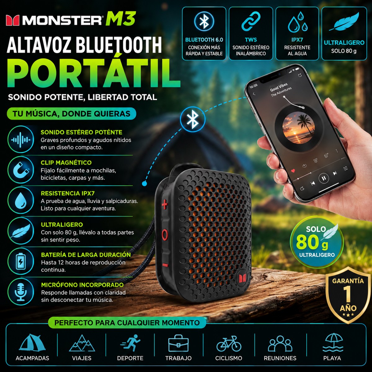 MONSTER M3 — Altavoz Bluetooth Portátil con Clip Magnético · IPX7