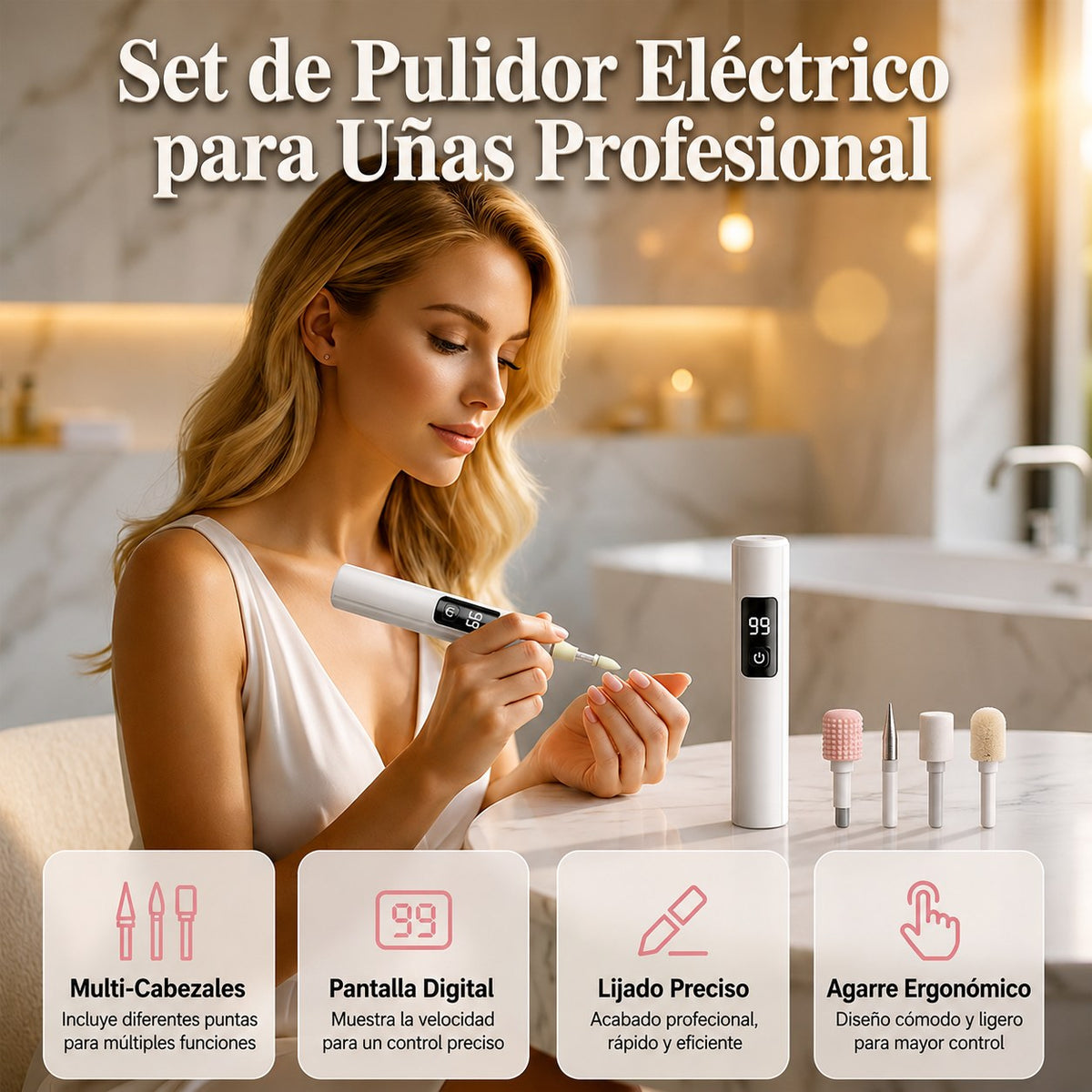 Pulidora de Uñas Eléctrica 💅 4 Cabezales y Pantalla de Velocidad — 1