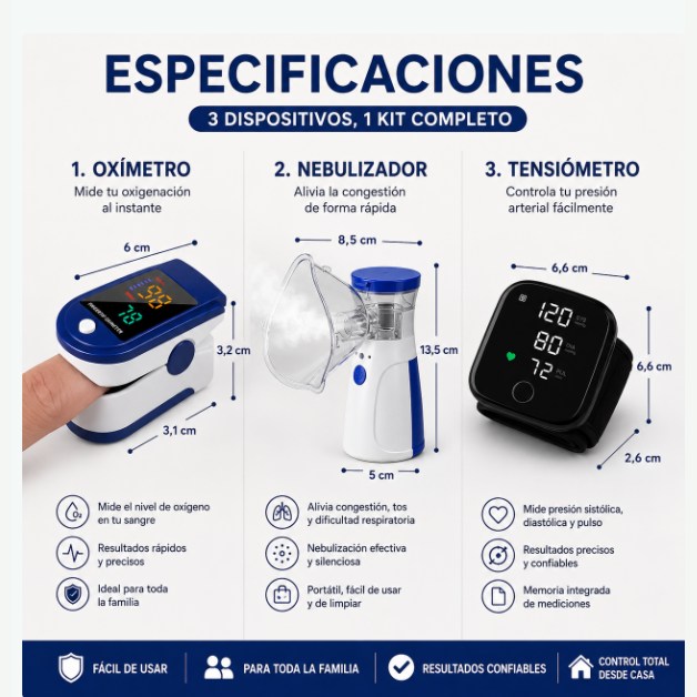 Kit de Salud 3 en 1 — Tensiómetro + Nebulizador + Oxímetro 🩺