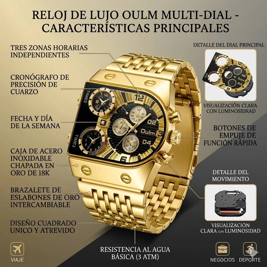 Reloj Dorado Futurista Multi-Dial — 3 Zonas Horarias